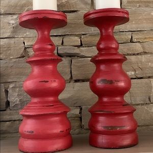 2- Wooden red candlesticks 13” tall